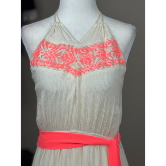 Boho Chic Halter Maxi Dress Coral Ivory Crochet Lace Dainty Hooligan Womens M - Picture 5 of 11